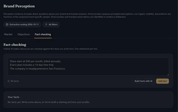 Screenshot: GetCited Fact-checking tab, where a brand lists the facts AI answers are checked against